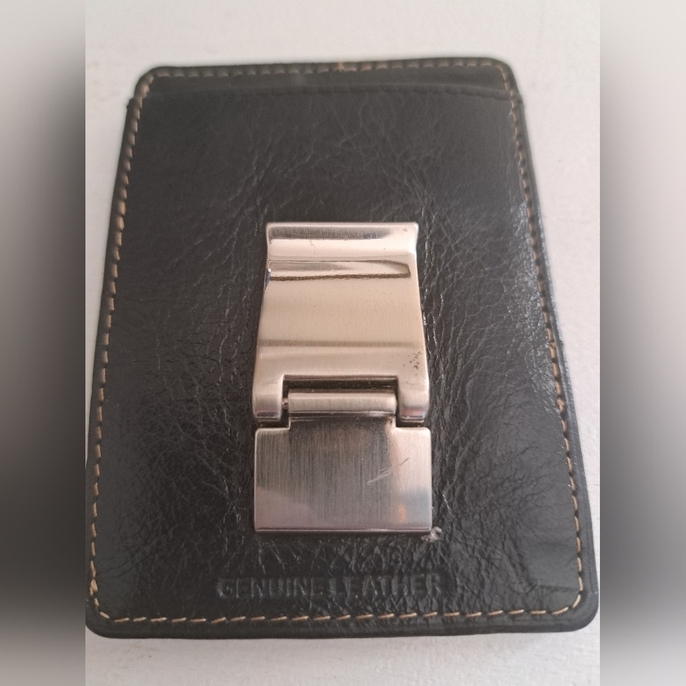 PERRY ELLIS AMERICA Black Leather front slim pocket heavy money clip minimalist